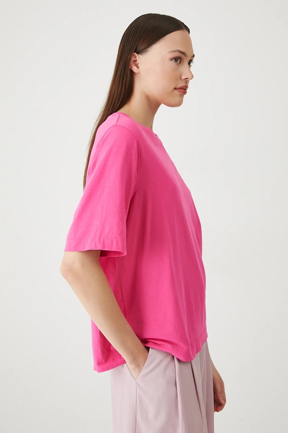 Odzież T-shirt bawełniany damski z elastanem gładki kolor różowy RS25-TSD094 różowy