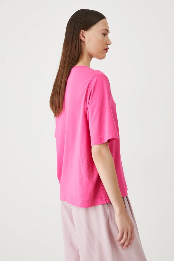 T-shirt bawełniany damski z elastanem gładki kolor różowy różowy RS25-TSD094