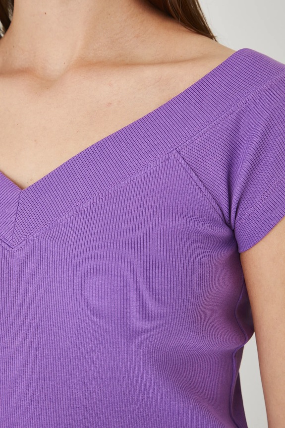 T-shirt bawełniany damski z elastanem prążkowany kolor fioletowy RS25-TSD0B1 fioletowy