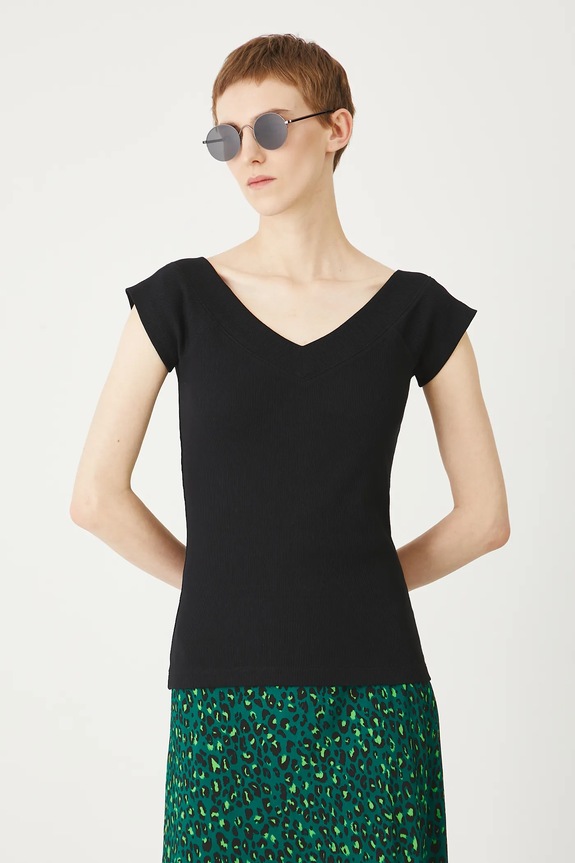 T-shirt bawełniany damski z elastanem prążkowany kolor czarny czarny RS25-TSD0B1