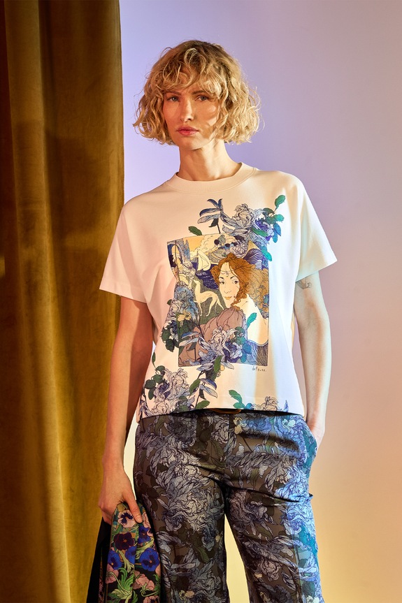 T-shirt damski z kolekcji Eviva L'arte kolor beżowy okrągły beżowy RS25.TSD252