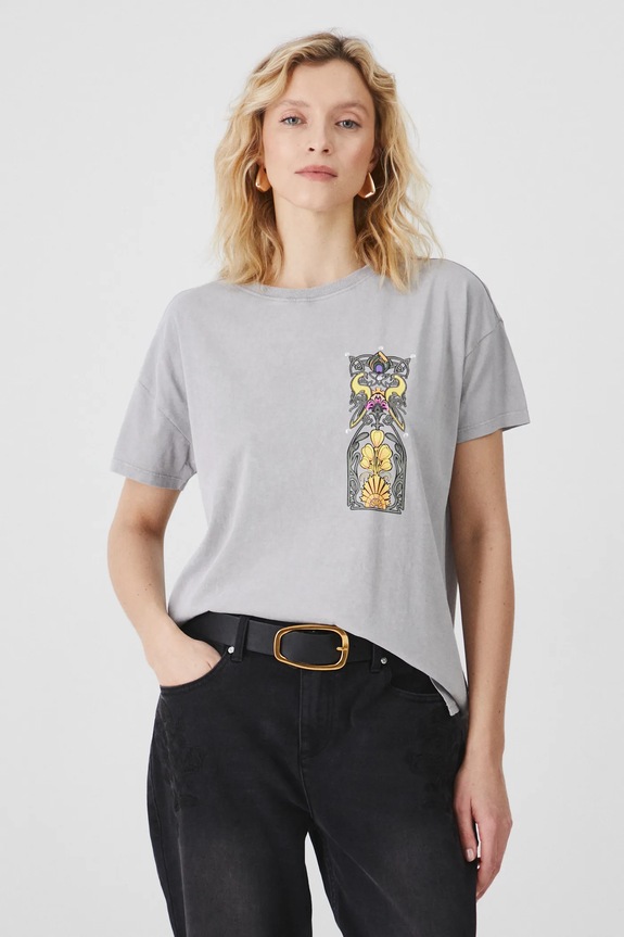 T-shirt bawełniany damski z kolekcji Eviva L'arte kolor szary RS25-TSD257 szary RS25