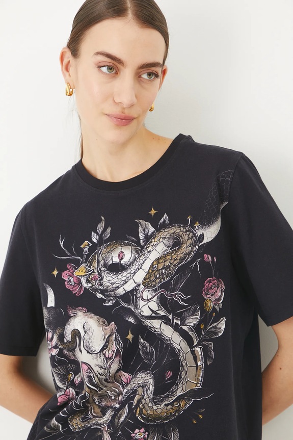 T-shirt bawełniany damski z elastanem z nadrukiem kolor czarny okrągły czarny RS25-TSD404