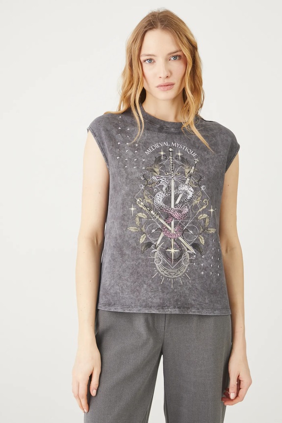 T-shirt bawełniany damski z nadrukiem i aplikacją kolor szary okrągły szary RS25-TSD405