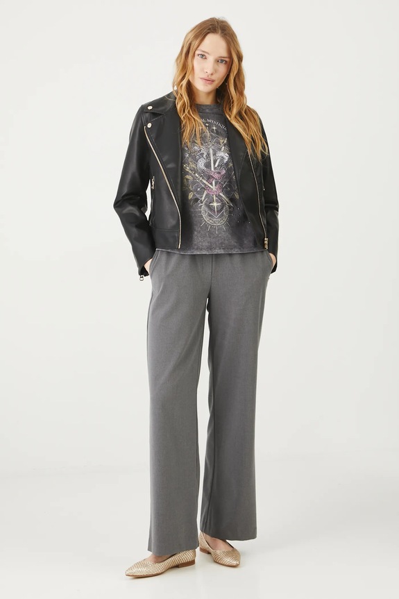 T-shirt bawełniany damski z nadrukiem i aplikacją kolor szary RS25-TSD405 szary RS25