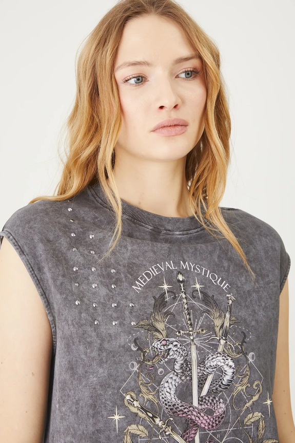 T-shirt bawełniany damski z nadrukiem i aplikacją kolor szary szary RS25-TSD405