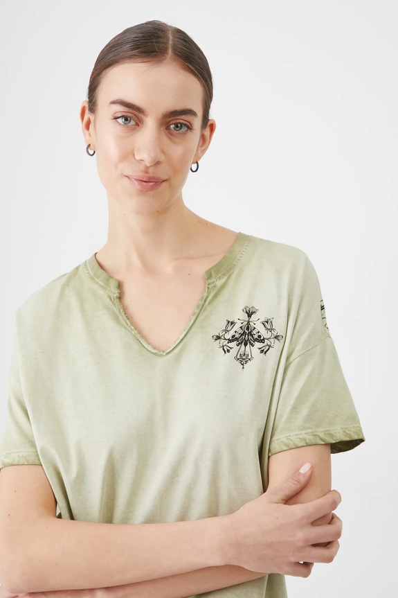 T-shirt bawełniany damski z nadrukiem kolor zielony zielony RS25-TSD408