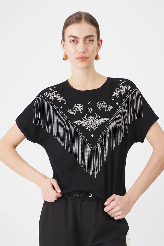 T-shirt bawełniany damski z ozdobnymi frędzlami kolor czarny bawełna czarny RS25.TSD409