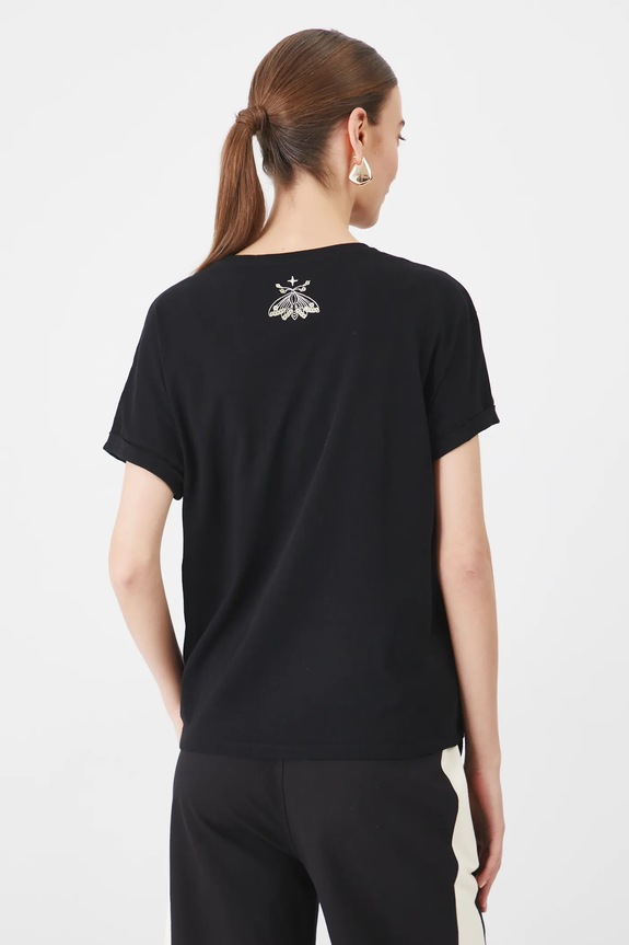 Odzież T-shirt bawełniany damski z ozdobnymi frędzlami kolor czarny RS25.TSD409 czarny