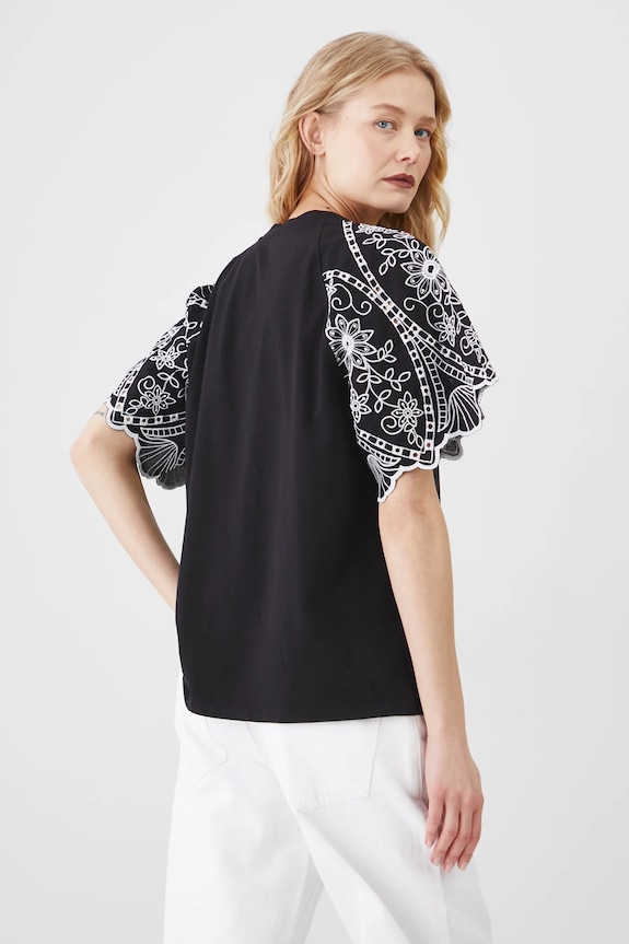 Oblečení Bavlněné tričko s elastanem a ozdobnou výšivkou černá barva RS25-TSD602 černá