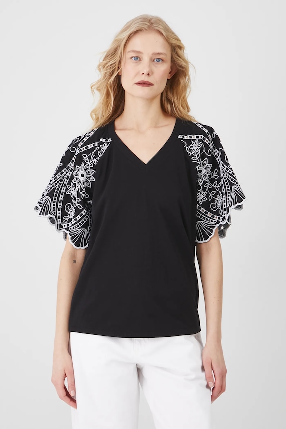 T-shirt bawełniany damski z elastanem z ozdobnym haftem kolor czarny czarny RS25-TSD602