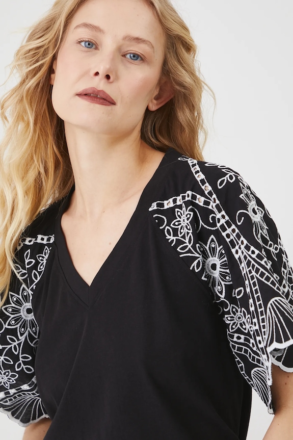 Bavlněné tričko s elastanem a ozdobnou výšivkou černá barva RS25-TSD602 černá