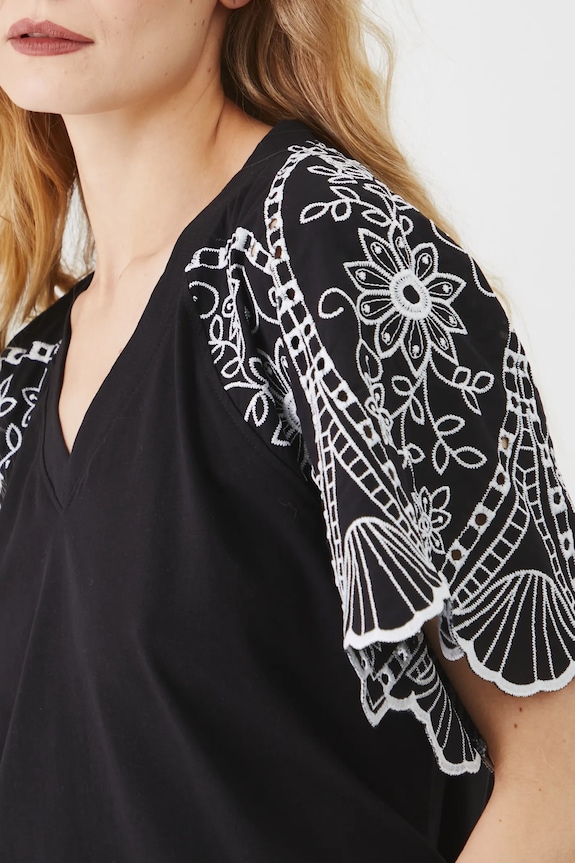 Bavlněné tričko s elastanem a ozdobnou výšivkou černá barva RS25-TSD602