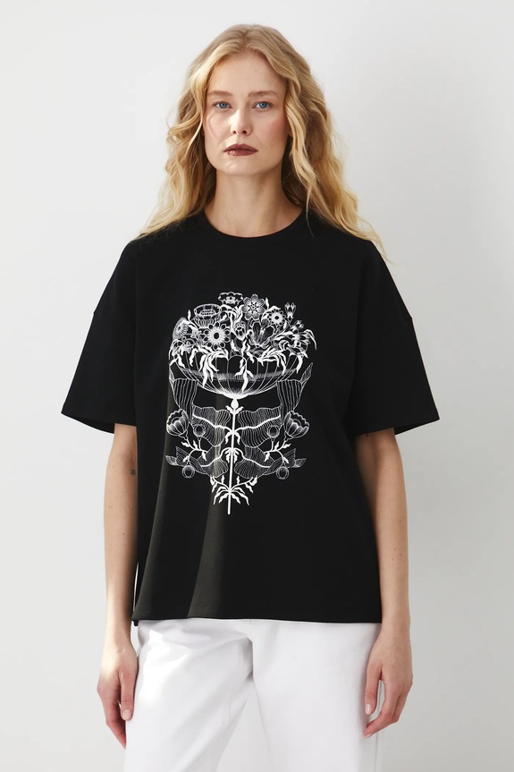 T-shirt bawełniany damski z nadrukiem interlock kolor czarny okrągły czarny RS25-TSD603