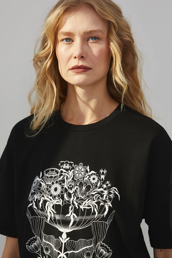 T-shirt bawełniany damski z nadrukiem interlock kolor czarny czarny RS25-TSD603