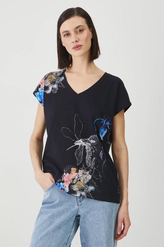 T-shirt bawełniany damski by Justyna Stoszek – Forest Forever, Sense of Values kolor czarny RS25-TSD651 czarny