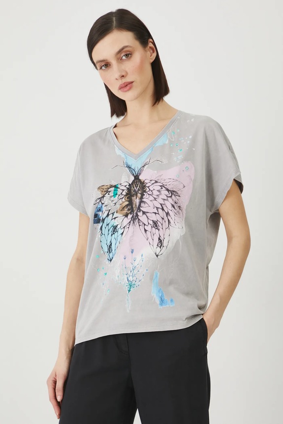 T-shirt bawełniany damski by Justyna Stoszek – Forest Forever, Sense of Values kolor szary RS25-TSD653 szary RS25