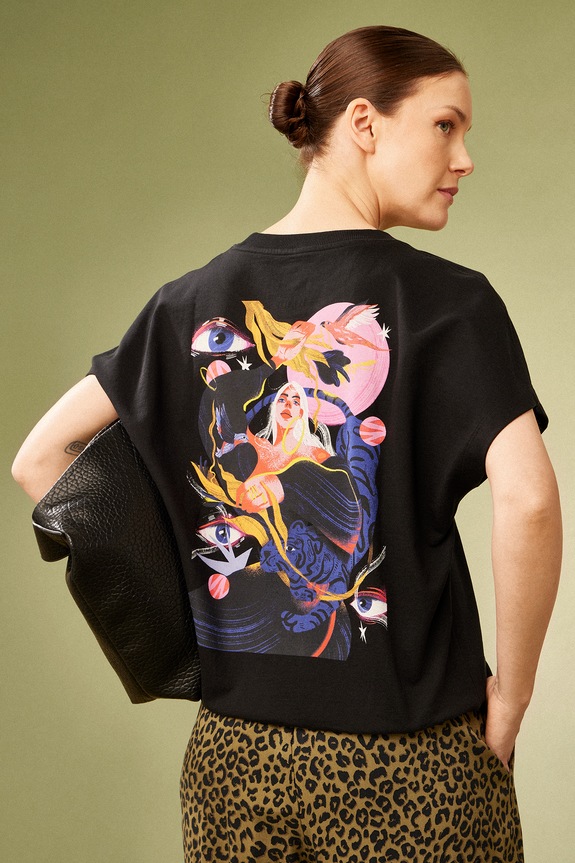 T-shirt bawełniany damski by Patrycja Niewiadomska, Sense of Values kolor czarny okrągły czarny RS25-TSD655