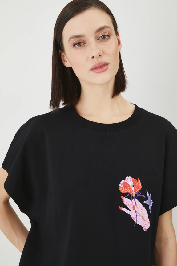 T-shirt bawełniany damski by Patrycja Niewiadomska, Sense of Values kolor czarny RS25-TSD655 czarny