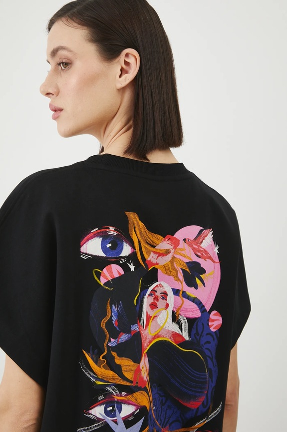 T-shirt bawełniany damski by Patrycja Niewiadomska, Sense of Values kolor czarny RS25-TSD655