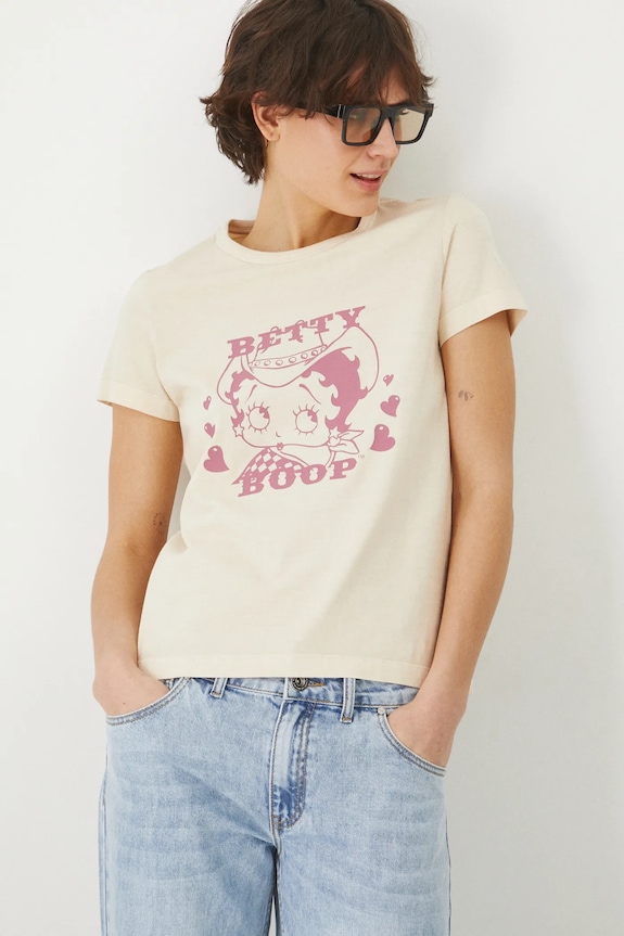 T-shirt bawełniany damski Betty Boop kolor beżowy okrągły beżowy RS25-TSD673