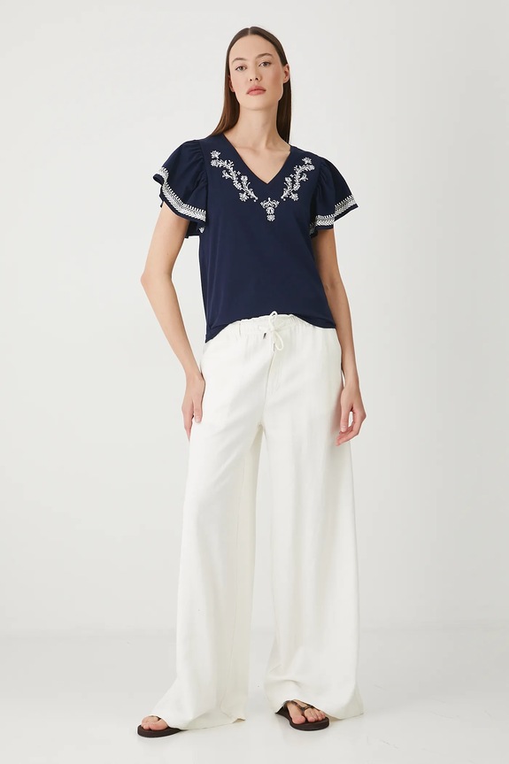 T-shirt bawełniany damski z ozdobnym haftem kolor granatowy RS25-TSD704 granatowy RS25