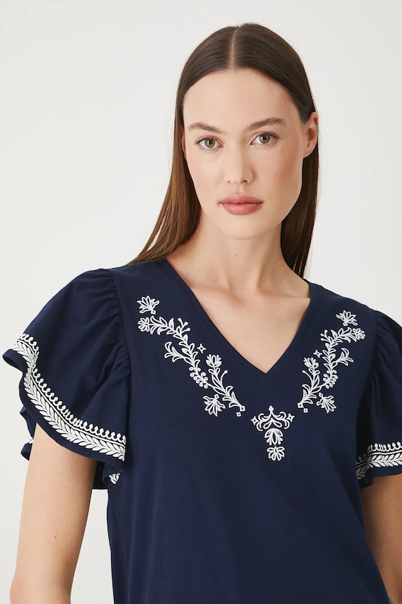 T-shirt bawełniany damski z ozdobnym haftem kolor granatowy granatowy RS25-TSD704