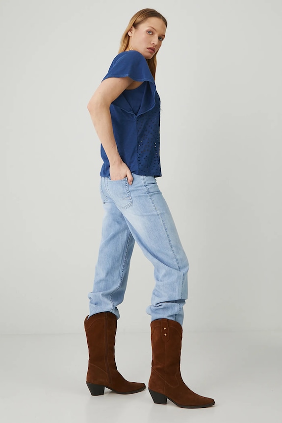 T-shirt bawełniany damski z ozdobnym wycięciem kolor granatowy RS25-TSD705 granatowy RS25