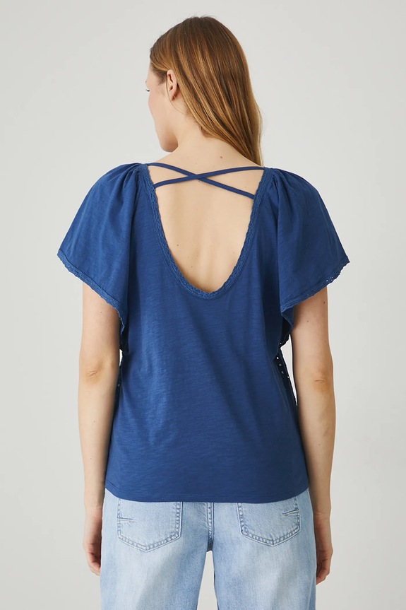Odzież T-shirt bawełniany damski z ozdobnym wycięciem kolor granatowy RS25-TSD705 granatowy