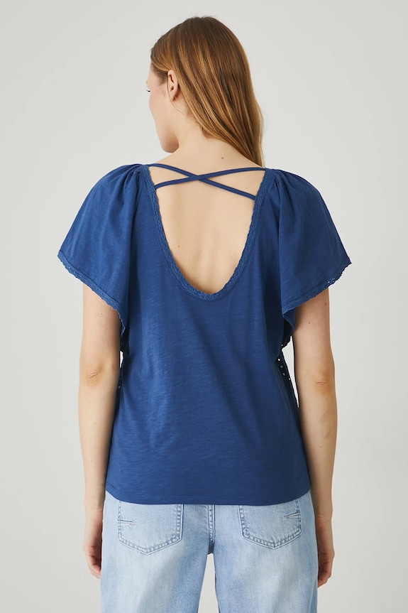 Odzież T-shirt bawełniany damski z ozdobnym wycięciem kolor granatowy RS25-TSD705 granatowy