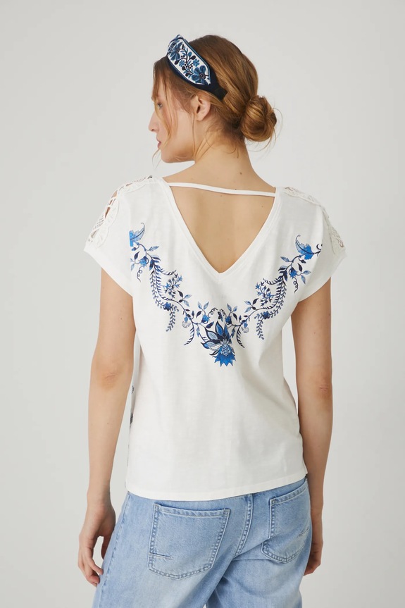 Odzież T-shirt bawełniany damski z nadrukiem i aplikacją kolor beżowy RS25-TSD710 beżowy