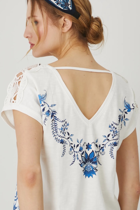 T-shirt bawełniany damski z nadrukiem i aplikacją kolor beżowy RS25-TSD710 beżowy