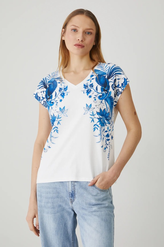 T-shirt bawełniany damski z nadrukiem kolor beżowy bawełna beżowy RS25-TSD713