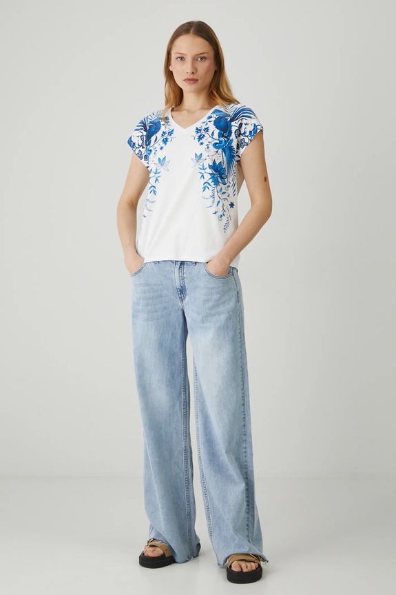 T-shirt bawełniany damski z nadrukiem kolor beżowy RS25-TSD713 beżowy RS25