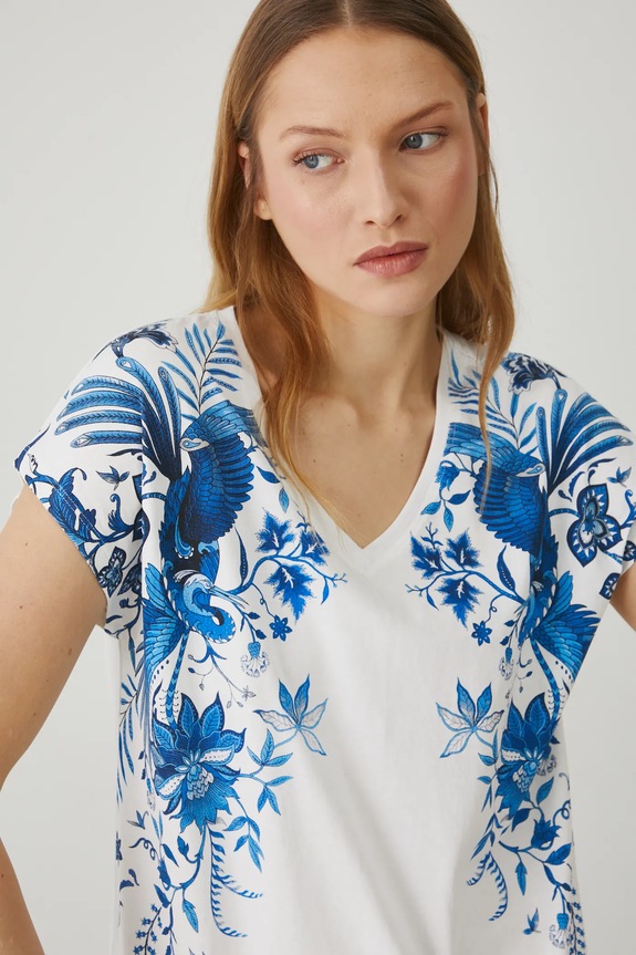 T-shirt bawełniany damski z nadrukiem kolor beżowy beżowy RS25-TSD713