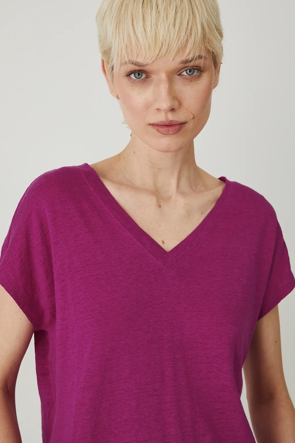 T-shirt lniany damski gładki kolor fioletowy fioletowy RS25-TSD802