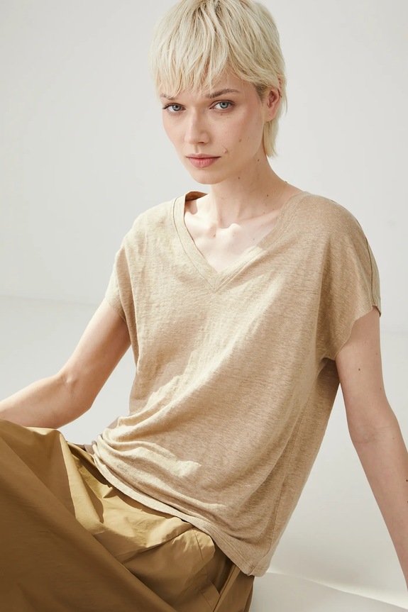 Lanena majica kratkih rukava Medicine bez uzorka bež RS25-TSD802