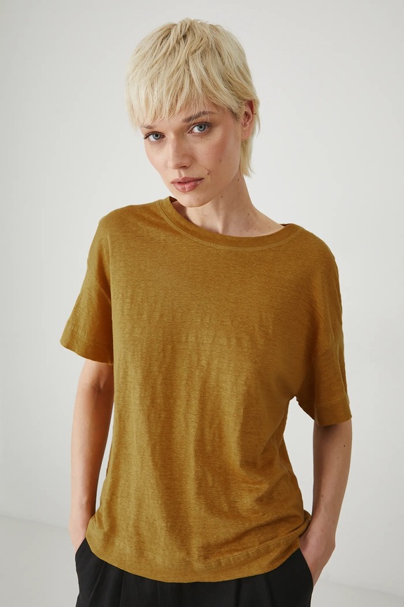 T-shirt lniany damski gładki kolor żółty gładkie żółty RS25-TSD803