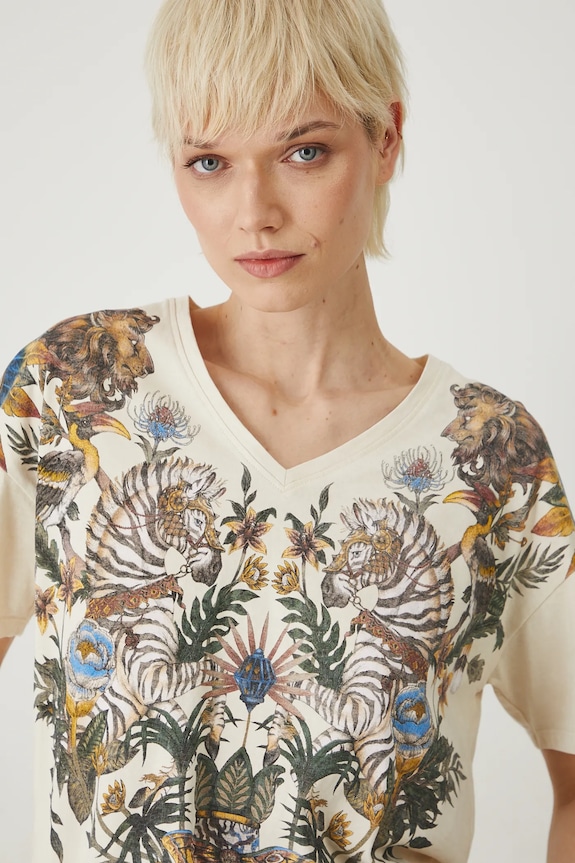 Bavlněné tričko dámské s potiskem béžová barva béžová RS25-TSD810