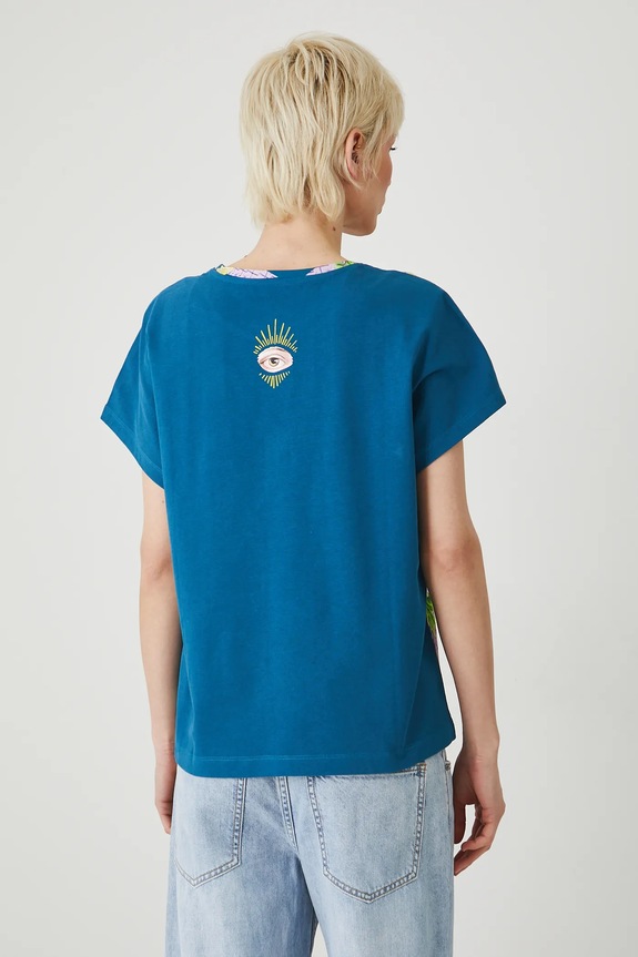 T-shirt bawełniany damski z kolekcji El Gato Chimney x Medicine kolor zielony turkusowy RS25-TSD853