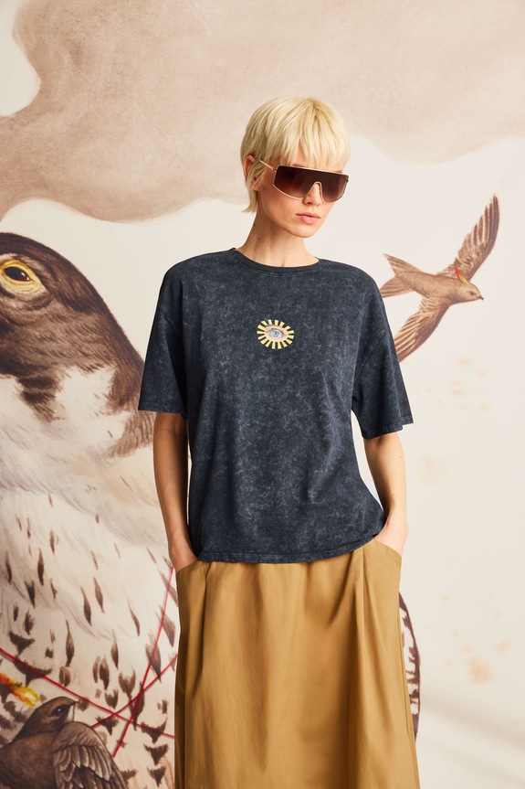 T-shirt bawełniany damski z kolekcji El Gato Chimney x Medicine kolor szary okrągły szary RS25-TSD857