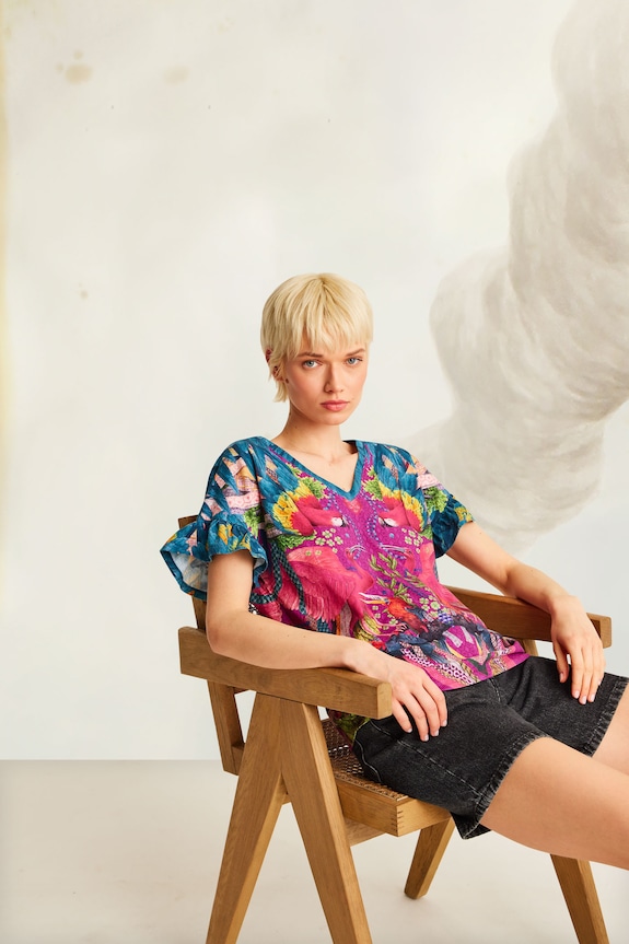 T-shirt damski z kolekcji El Gato Chimney x Medicine kolor różowy z elastanem różowy RS25-TSD858
