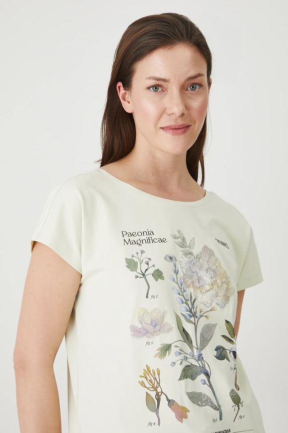T-shirt bawełniany damski z elastanem z aplikacją kolor zielony okrągły zielony RS25-TSD905