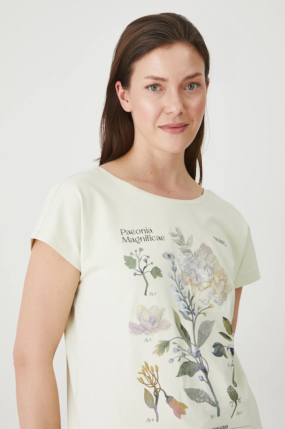 T-shirt bawełniany damski z elastanem z aplikacją kolor zielony okrągły zielony RS25-TSD905