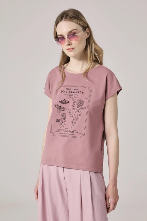 T-shirt bawełniany damski z elastanem z nadrukiem kolor różowy z elastanem różowy RS25-TSD909