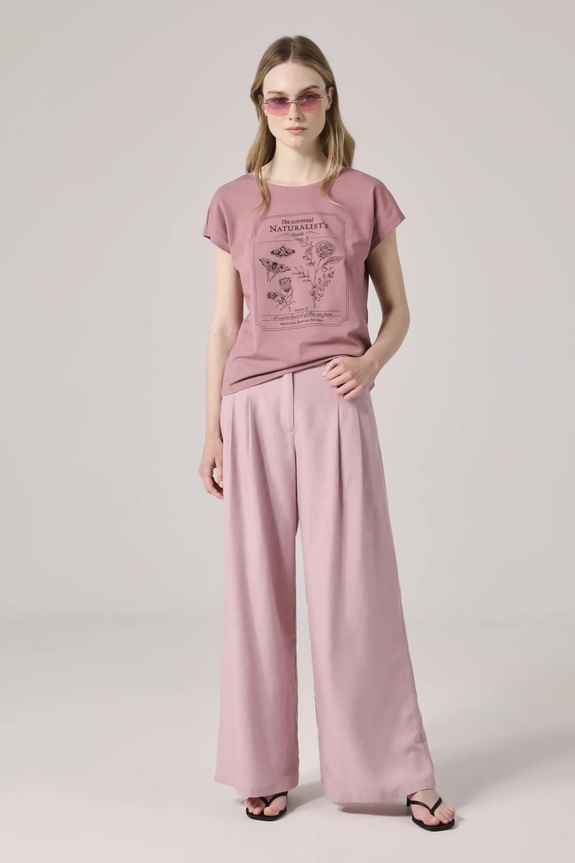 T-shirt bawełniany damski z elastanem z nadrukiem kolor różowy RS25-TSD909 różowy RS25