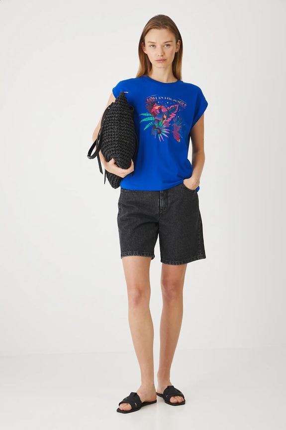 Bavlnené tričko dámske s potlačou okrúhly modrá RS25-TSDA01