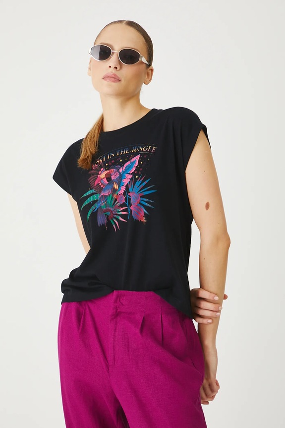 T-shirt bawełniany damski z nadrukiem kolor czarny okrągły czarny RS25-TSDA01