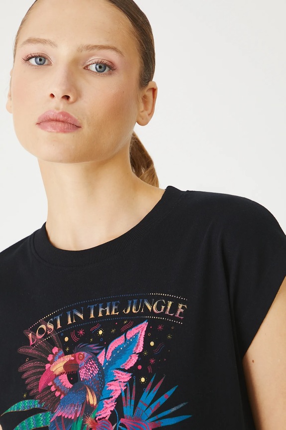 T-shirt bawełniany damski z nadrukiem kolor czarny czarny RS25-TSDA01