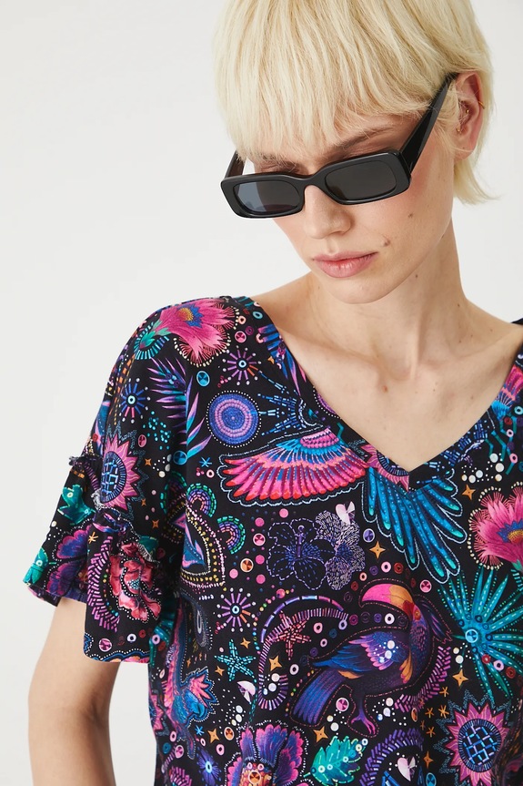 T-shirt bawełniany damski z elastanem wzorzysty kolor czarny czarny RS25-TSDA02